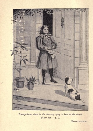 "Tommy-Anne stood in the doorway tying a knot in the elastic of her hat." | The Heart of Nature, First Book: Stories of Plants and Animals, 1906, Biodiversity Heritage Library